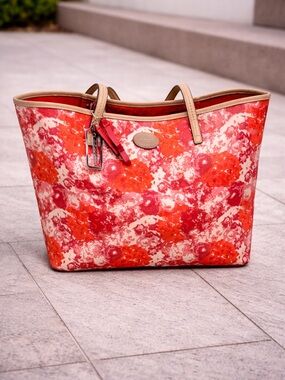 Coach Red and Cream Floral Tote with Tan Trim